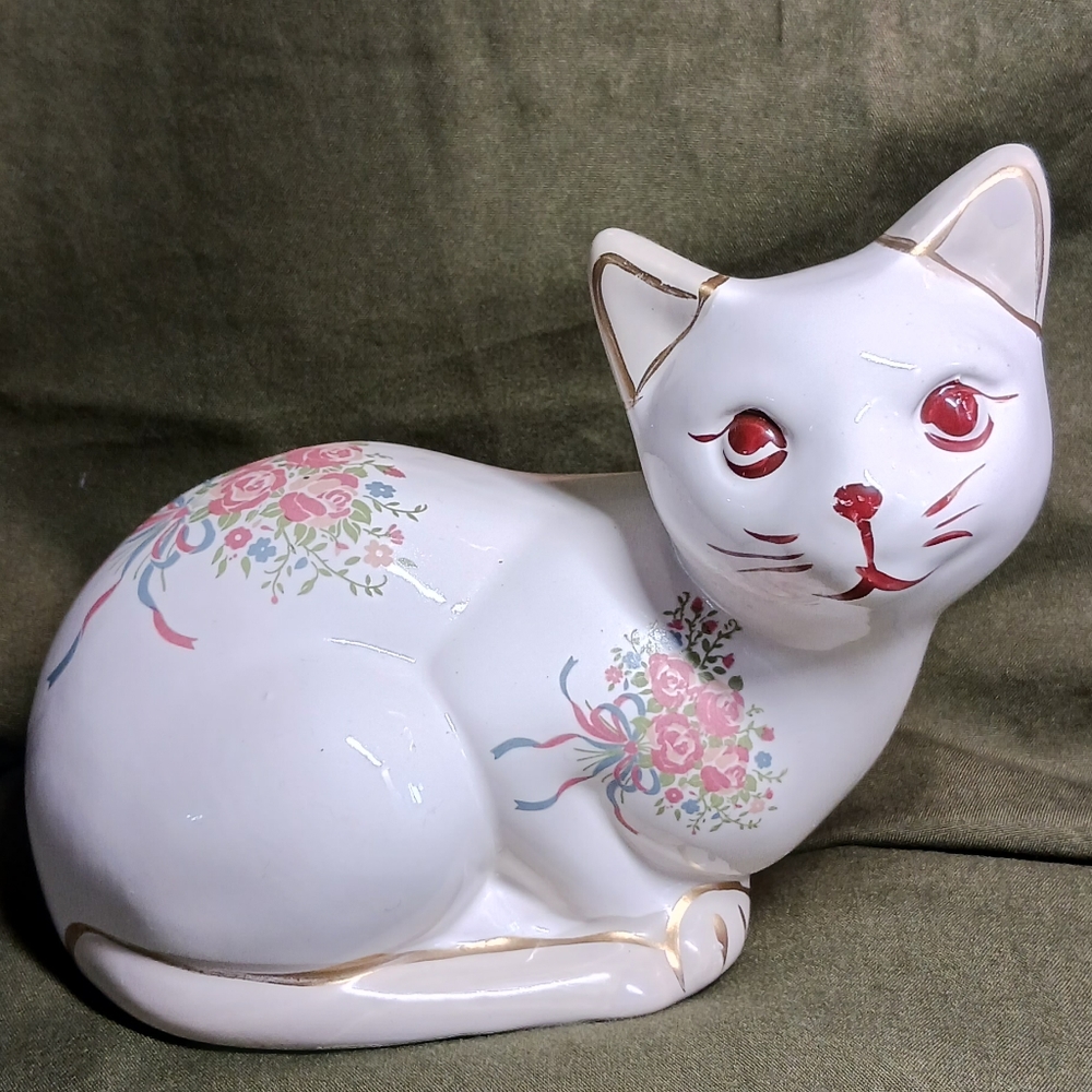 Vintage White Cat Figurine with Flowers